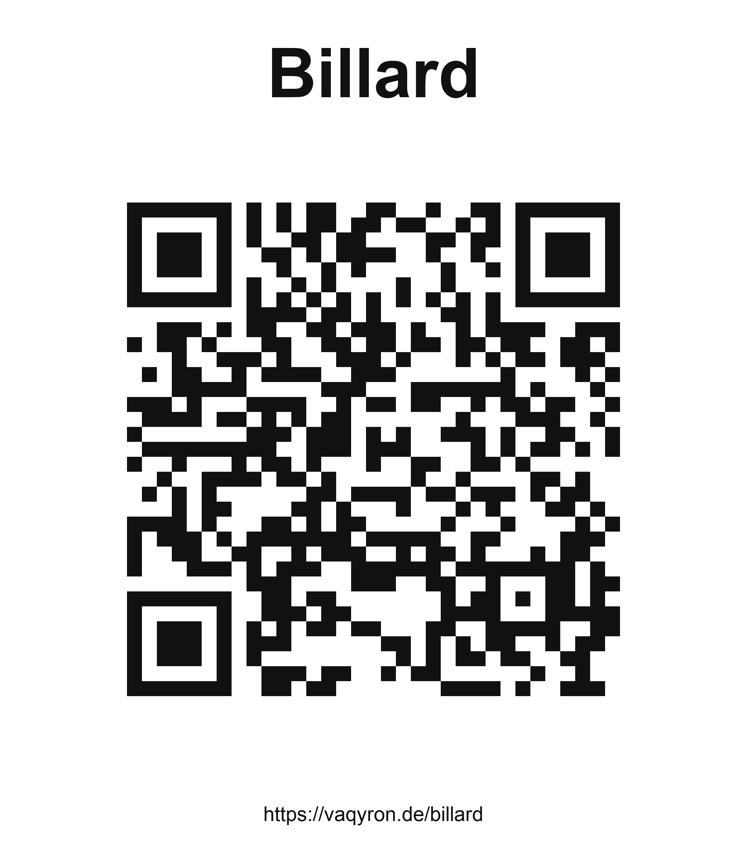 QR-Code mit der Überschrift Billard und der Adresse https://vaqyron.de/billard