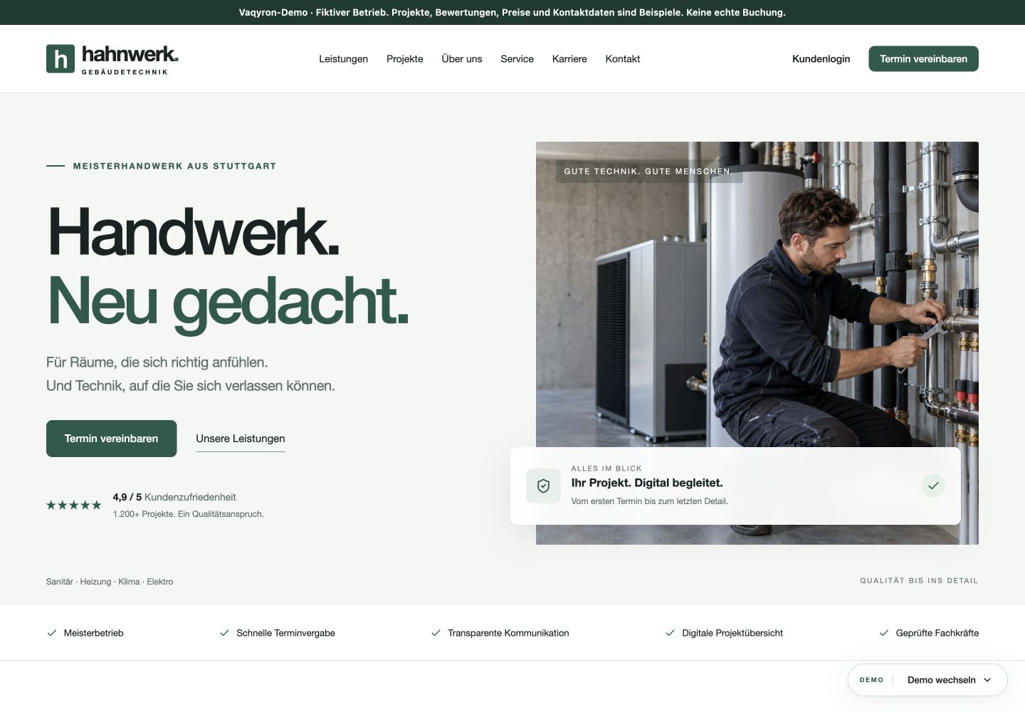 Echte Oberfläche der fiktiven Handwerk-Demo